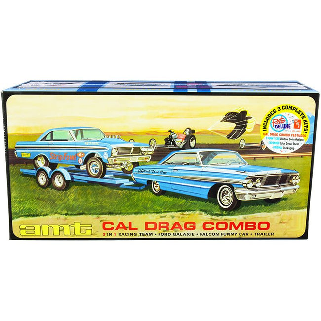 Skill 2 Model Kit "Ford Cal Drag Team" Ford Galaxie with Ford Falcon Funny Car and Trailer Set of 3 Complete Kits 1/25 Scale Models by AMT-AMT-ModelCars.com