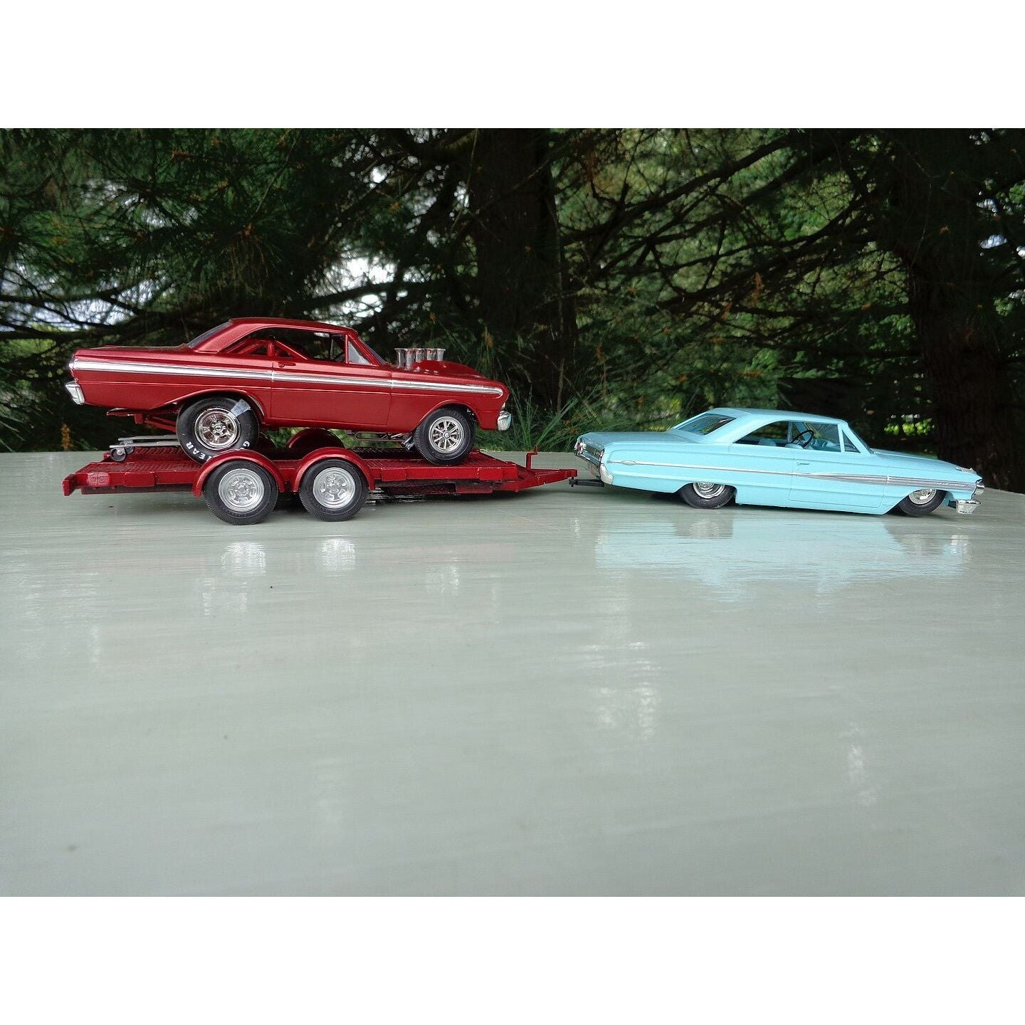 Skill 2 Model Kit "Ford Cal Drag Team" Ford Galaxie with Ford Falcon Funny Car and Trailer Set of 3 Complete Kits 1/25 Scale Models by AMT - AMT - ModelCars.com
