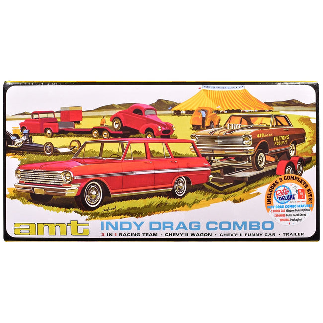 Skill 2 Model Kit Indy Drag Combo Chevrolet II Wagon and Funny Car with Trailer 3 in 1 Set 1/25 Scale Model by AMT-AMT-ModelCars.com