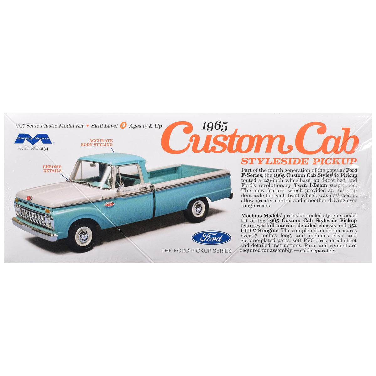 Skill 3 Model Kit 1965 Ford Custom Cab Styleside Pickup Truck 1/25 Scale Model by Moebius-Moebius-ModelCars.com