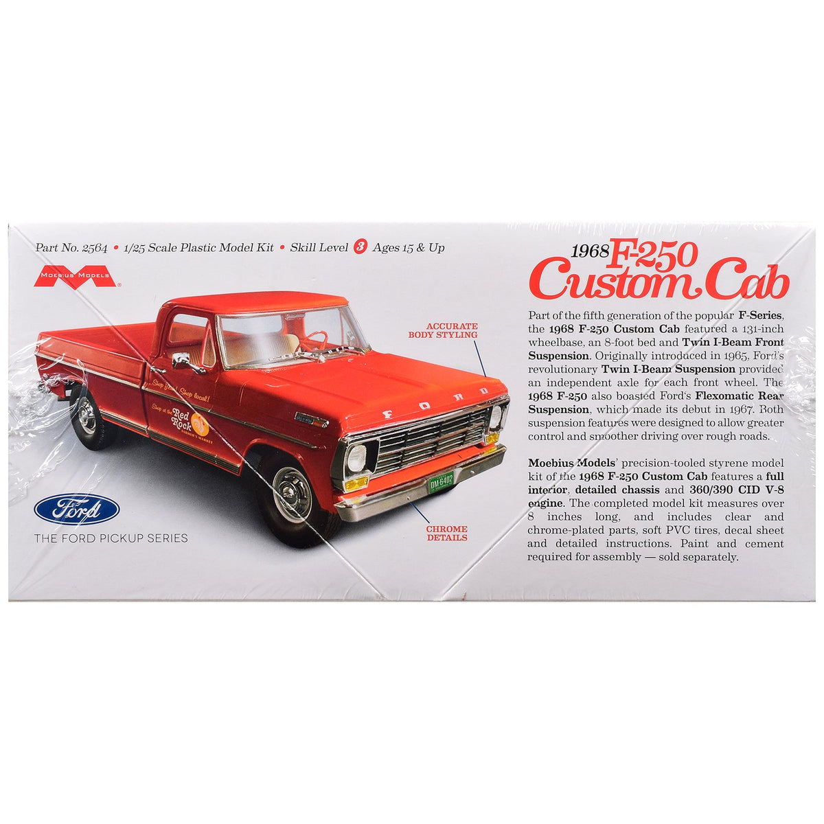Skill 3 Model Kit 1968 Ford F-250 Custom Cab Pickup Truck 1/25 Scale Model by Moebius-Moebius-ModelCars.com