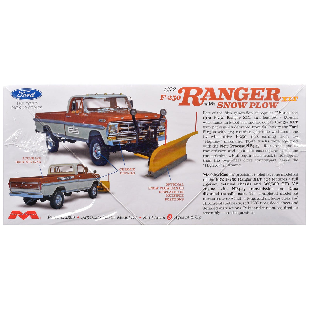 Skill 3 Model Kit 1972 Ford F-250 Ranger XLT Pickup Truck with Snow Plow 1/25 Scale Model by Moebius-Moebius-ModelCars.com