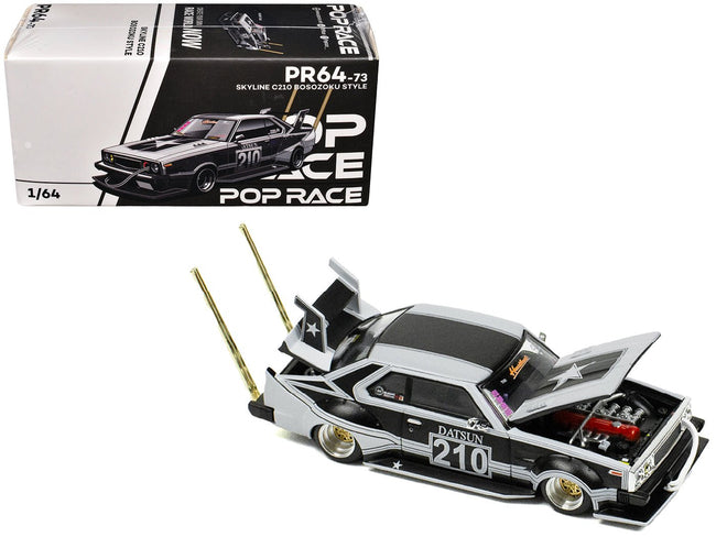 Skyline C210 "Bosozoku Style" RHD (Right Hand Drive) 210 Matt Black and Silver 1/64 Diecast Model Car by Pop Race-Pop Race-ModelCars.com