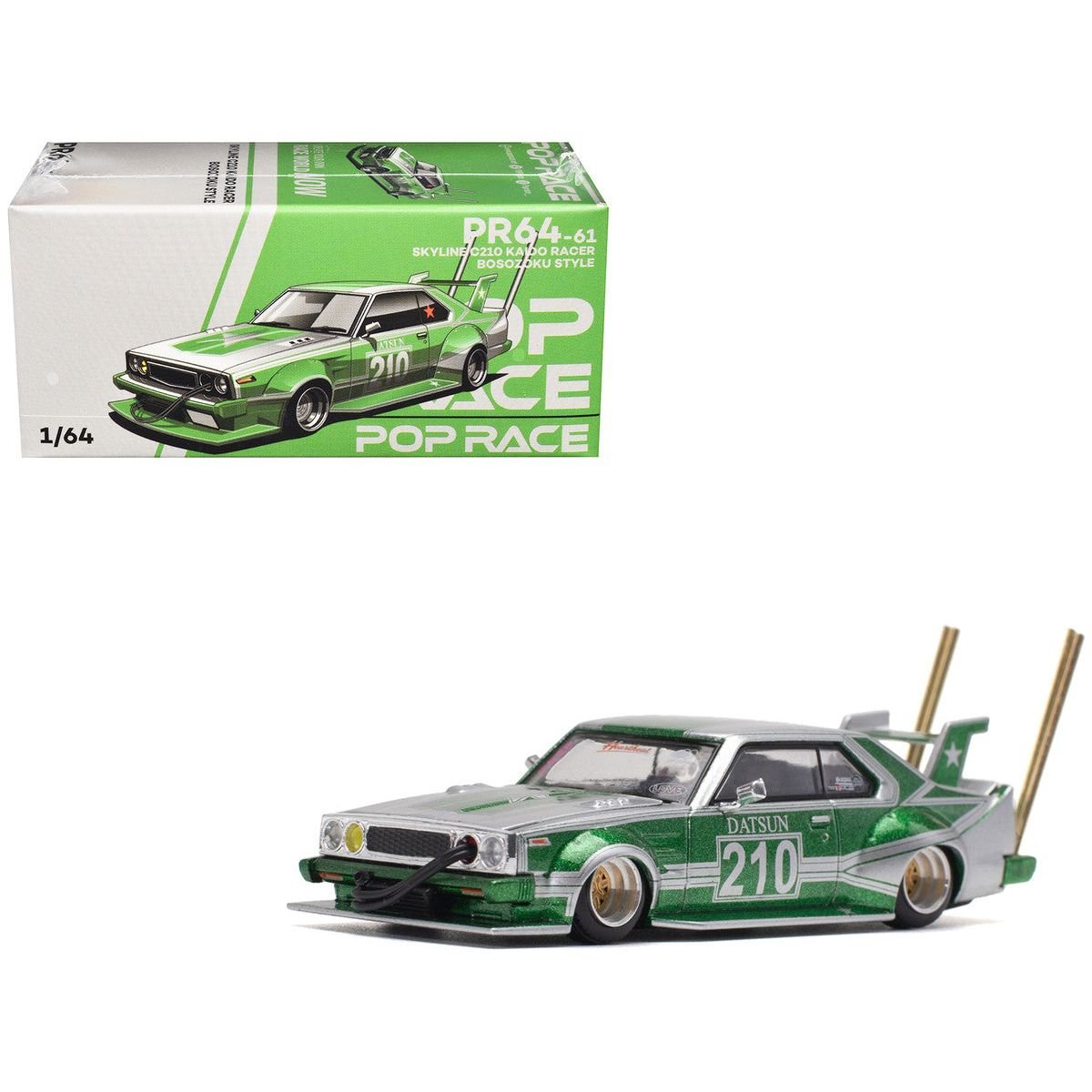 Skyline C210 Kaido Racer "Bosozoku Style" RHD (Right Hand Drive) 210 Green and Silver 1/64 Diecast Model Car by Pop Race - Pop Race - ModelCars.com