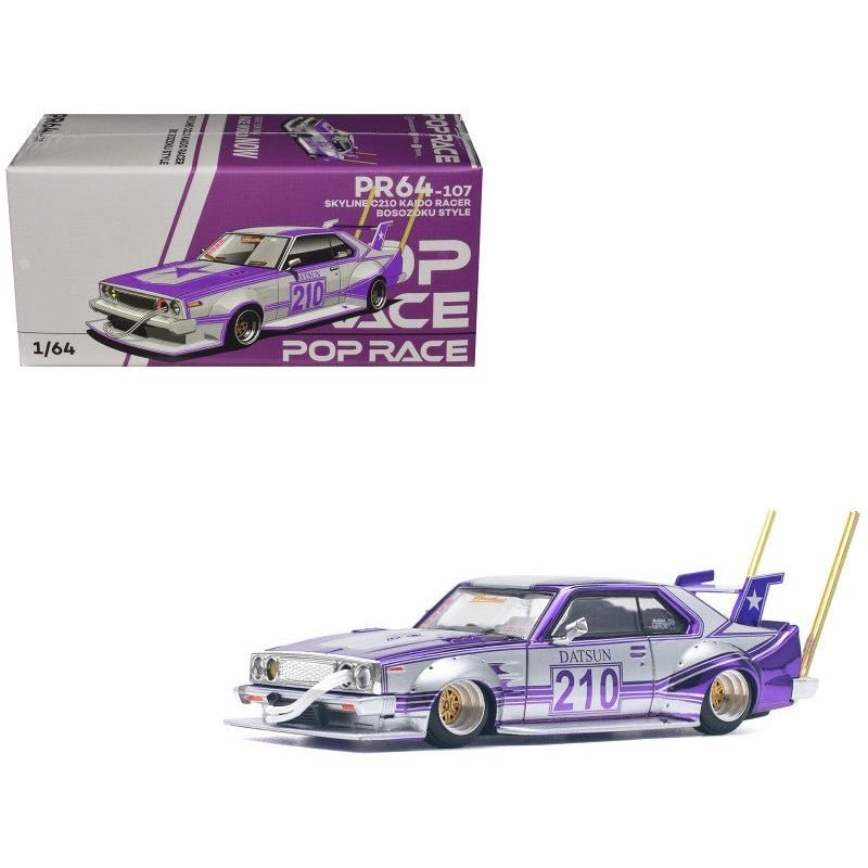 Skyline C210 Kaido Racer "Bosozoku Style" RHD (Right Hand Drive) #210 Purple and Silver 1/64 Diecast Model Car by Pop Race-Pop Race-ModelCars.com