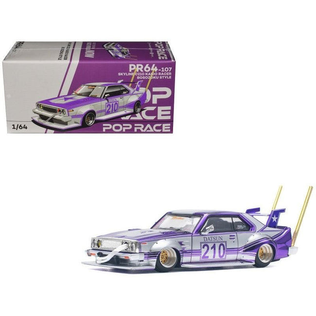 Skyline C210 Kaido Racer "Bosozoku Style" RHD (Right Hand Drive) #210 Purple and Silver 1/64 Diecast Model Car by Pop Race-Pop Race-ModelCars.com