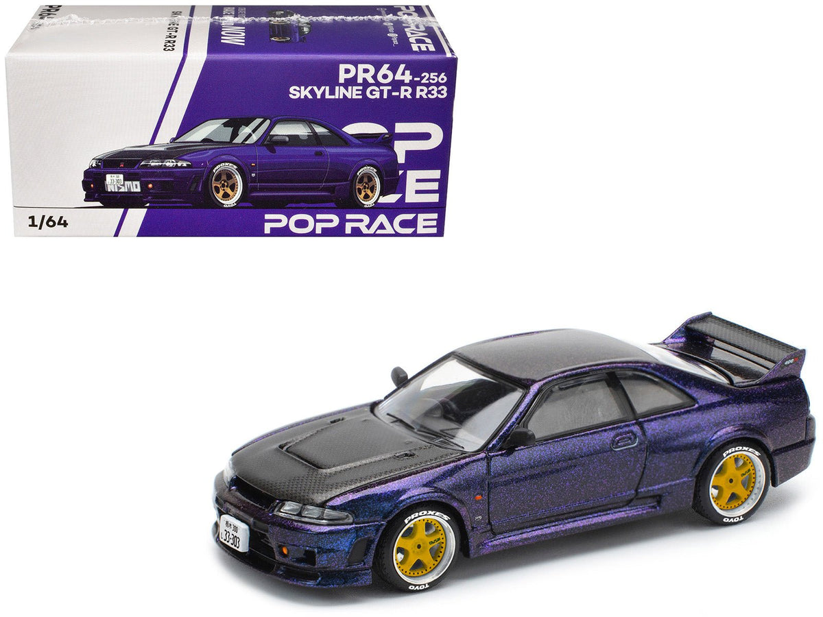 Skyline GT-R (R33) RHD (Right Hand Drive) Midnight Purple Metallic with Carbon Hood 1/64 Diecast Model Car by Pop Race-Pop Race-ModelCars.com