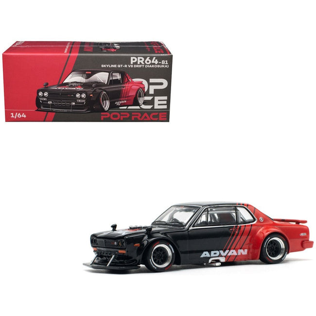 Skyline GT-R V8 Drift "Hakosuka" RHD (Right Hand Drive) "Advan" Black and Red 1/64 Diecast Model Car by Pop Race-Pop Race-ModelCars.com