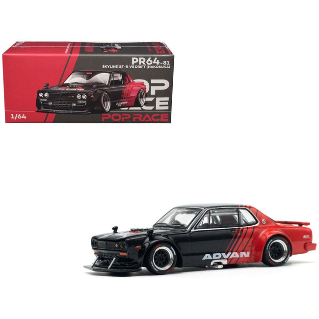 Skyline GT - R V8 Drift "Hakosuka" RHD (Right Hand Drive) "Advan" Black and Red 1/64 Diecast Model Car by Pop Race - Pop Race - ModelCars.com