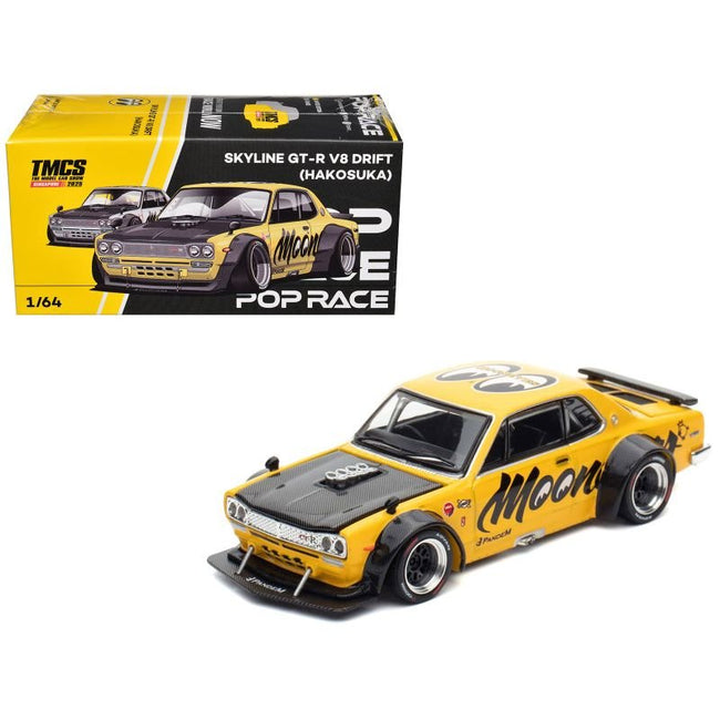 Skyline GT-R V8 Drift "Hakosuka" RHD (Right Hand Drive) "Mooneyes" Yellow with Carbon Hood "The Model Car Show Singapore 2025" 1/64 Diecast Model Car by Pop Race-Pop Race-ModelCars.com