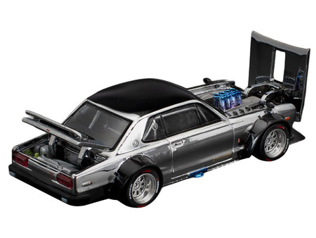 Skyline GT-R V8 Drift "Hakosuka" RHD (Right Hand Drive) Silver Chrome with Black Hood and Top 1/64 Diecast Model Car by Pop Race-Pop Race-ModelCars.com