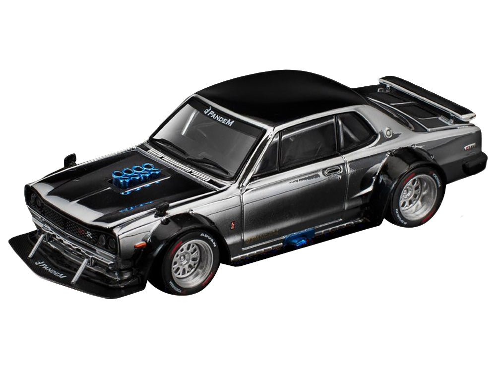 Skyline GT-R V8 Drift "Hakosuka" RHD (Right Hand Drive) Silver Chrome with Black Hood and Top 1/64 Diecast Model Car by Pop Race-Pop Race-ModelCars.com