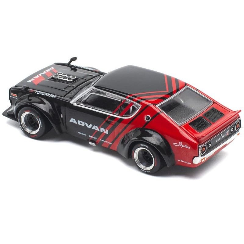 Skyline KPGC110 "Kenmeri" RHD (Right Hand Drive) "ADVAN" Black and Red 1/64 Diecast Model Car by Pop Race-Pop Race-ModelCars.com