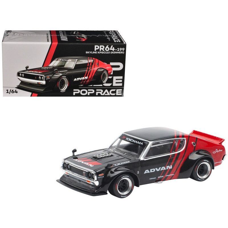 Skyline KPGC110 "Kenmeri" RHD (Right Hand Drive) "ADVAN" Black and Red 1/64 Diecast Model Car by Pop Race - Pop Race - ModelCars.com