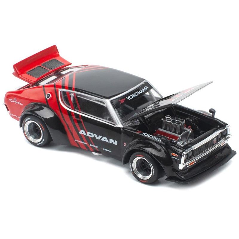 Skyline KPGC110 "Kenmeri" RHD (Right Hand Drive) "ADVAN" Black and Red 1/64 Diecast Model Car by Pop Race-Pop Race-ModelCars.com