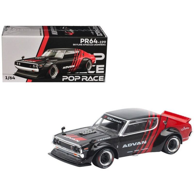 Skyline KPGC110 "Kenmeri" RHD (Right Hand Drive) "ADVAN" Black and Red 1/64 Diecast Model Car by Pop Race-Pop Race-ModelCars.com