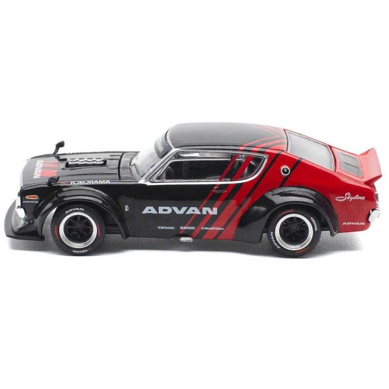 Skyline KPGC110 "Kenmeri" RHD (Right Hand Drive) "ADVAN" Black and Red 1/64 Diecast Model Car by Pop Race-Pop Race-ModelCars.com