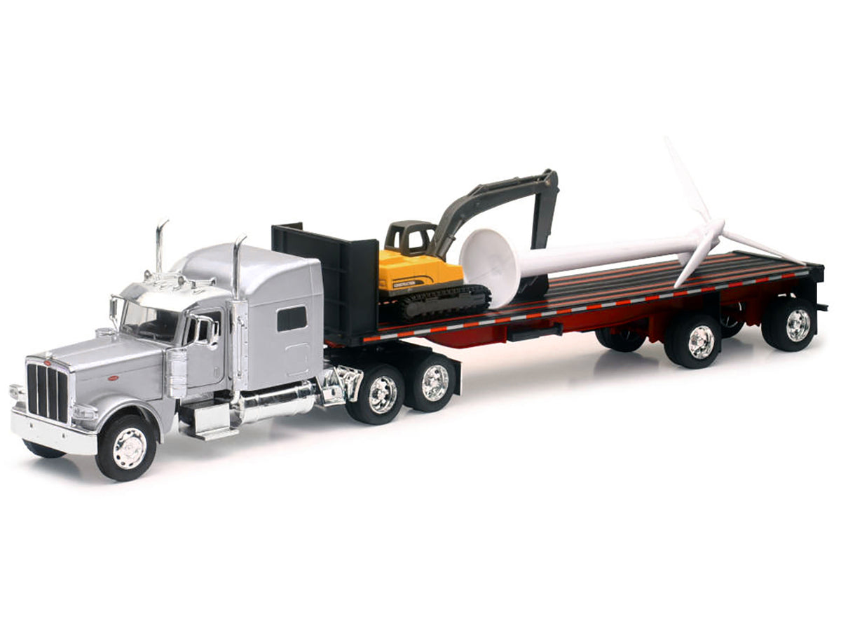 Peterbilt 389 Truck with Flatbed Trailer Silver Metallic with Excavator and Wind Turbine "Long Haul Truckers" Series 1/32 Diecast Model by New Ray - view 2