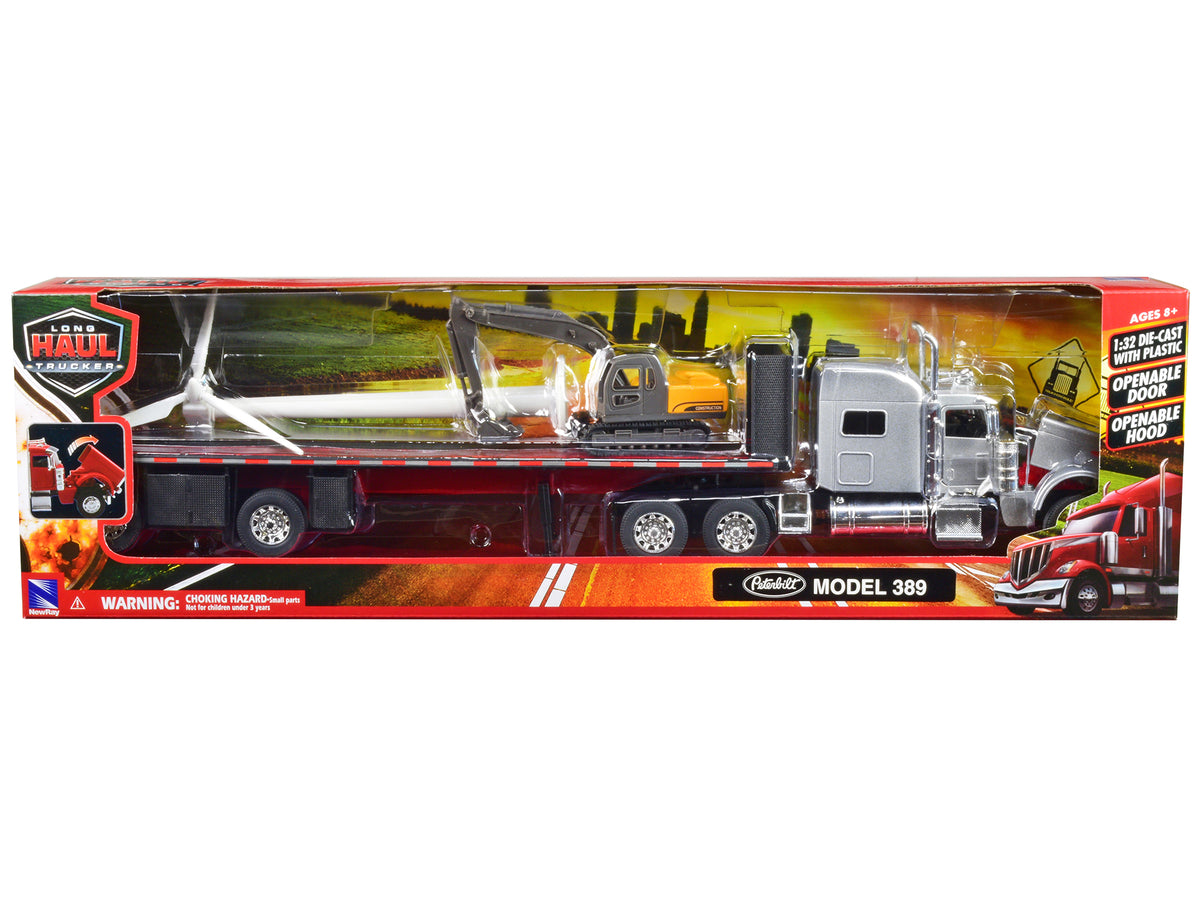 Peterbilt 389 Truck with Flatbed Trailer Silver Metallic with Excavator and Wind Turbine "Long Haul Truckers" Series 1/32 Diecast Model by New Ray - view 3