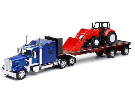 Kenworth W900 Truck with Flatbed Trailer Blue Metallic with Farm Tractor Red "Long Haul Truckers" Series 1/32 Diecast Model by New Ray - view 2