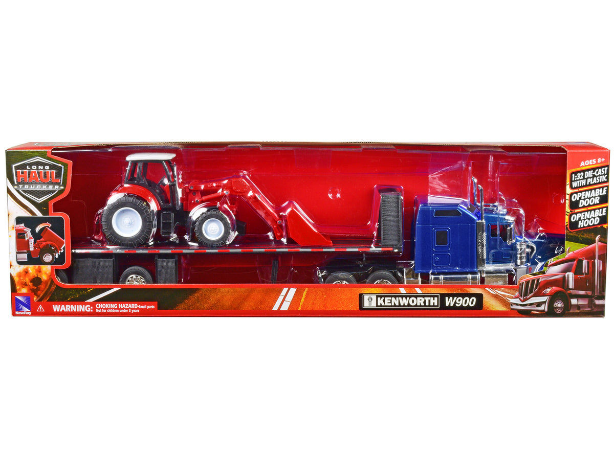 Kenworth W900 Truck with Flatbed Trailer Blue Metallic with Farm Tractor Red "Long Haul Truckers" Series 1/32 Diecast Model by New Ray - view 3