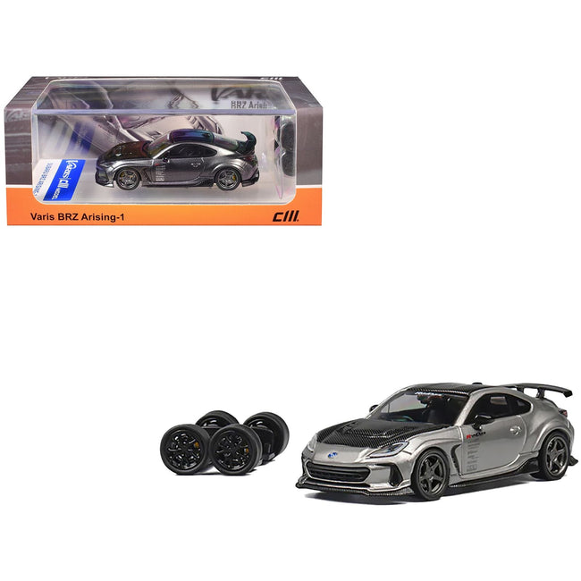 Subaru BRZ Varis Arising-1 RHD (Right Hand Drive) Gray Metallic with Carbon Hood and Top and Extra Wheels 1/64 Diecast Model Car by CM Model-CM Models-ModelCars.com