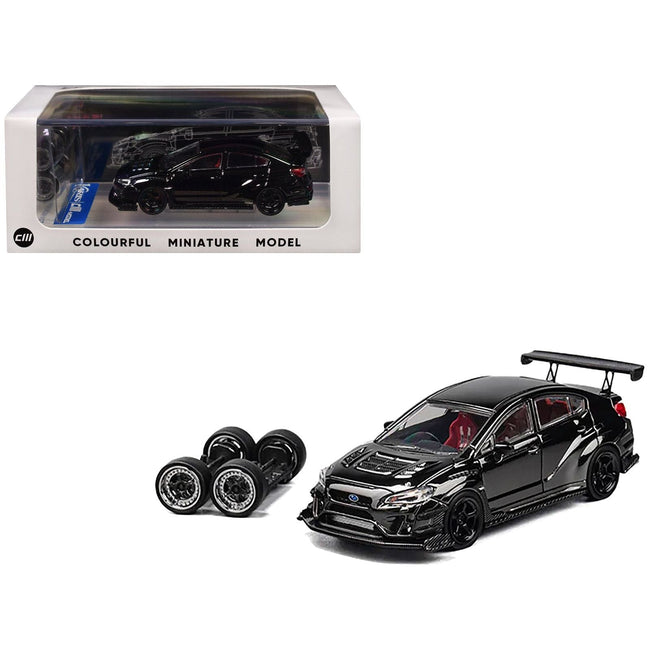 Subaru VAB WRX S4 Widebody Black Metallic with Red Interior with Extra Wheels 1/64 Diecast Model Car by CM Model-CM Models-ModelCars.com