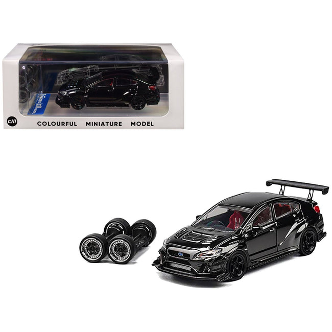 Subaru VAB WRX S4 Widebody Black Metallic with Red Interior with Extra Wheels 1/64 Diecast Model Car by CM Model - CM Models - ModelCars.com