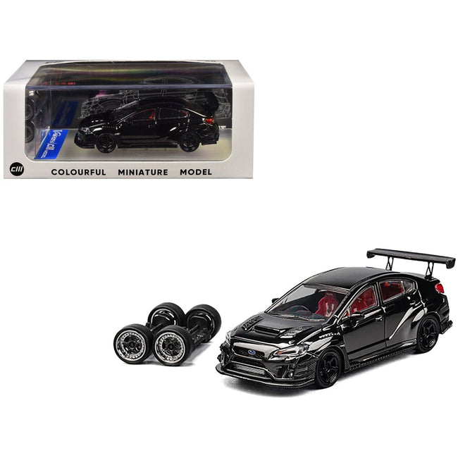 Subaru VAB WRX STI Widebody Black Metallic with Red Interior with Extra Wheels 1/64 Diecast Model Car by CM Model-CM Models-ModelCars.com
