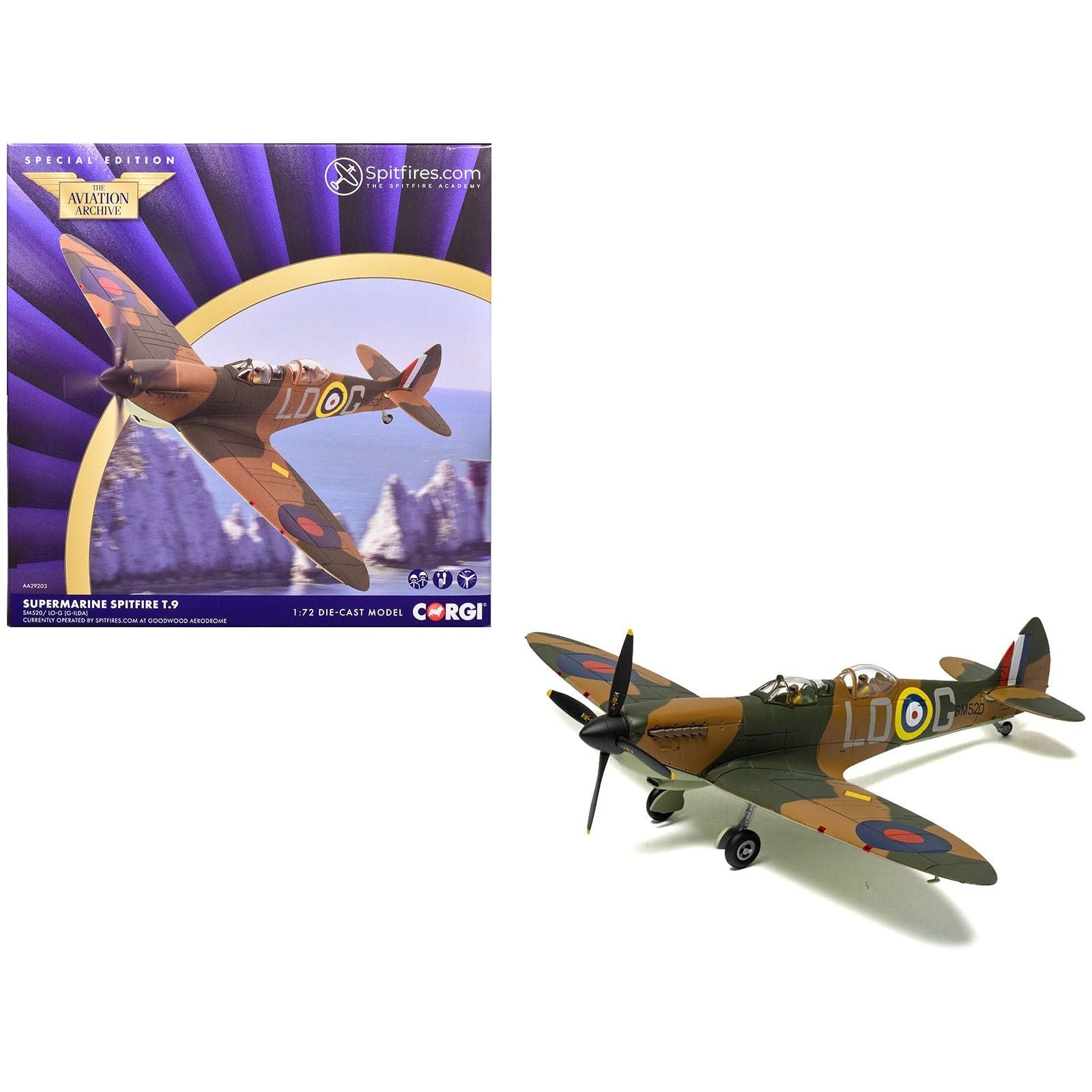 Supermarine Spitfire T.9 Aircraft "SM520 Spitfires.com Goodwood Aerodrome" British Royal Air Force "The Aviation Archive" Series 1/72 Diecast Model by Corgi - Corgi - ModelCars.com