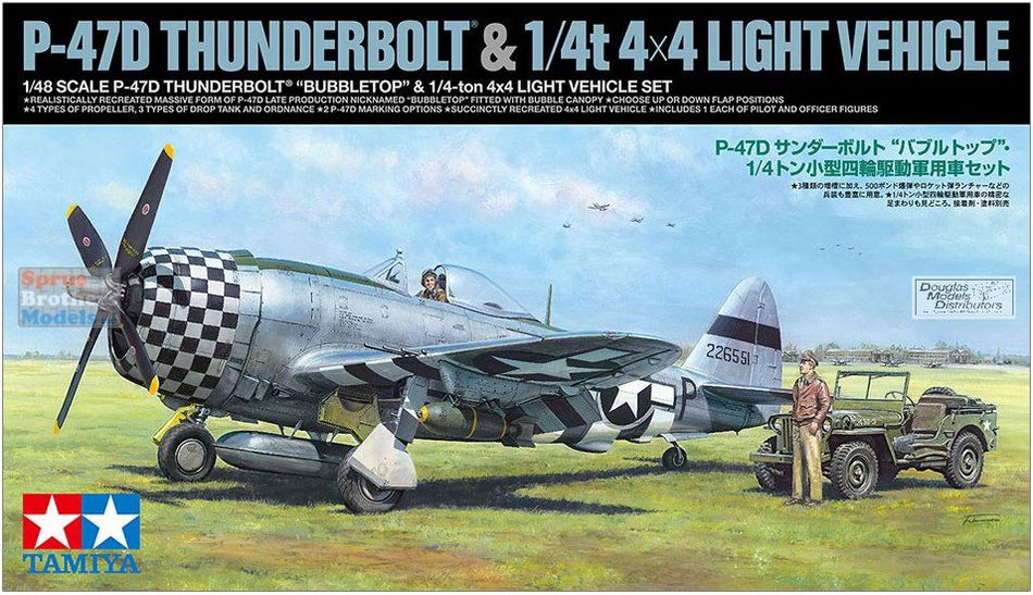 Tamiya - TAM25214 1:48 Tamiya P-47D Thunderbolt Bobbletop & 1/4t 4x4 Light Vehicle [2 kits]