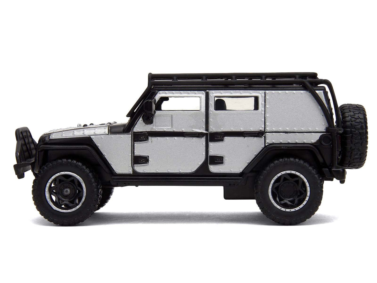 Tej's Jeep Wrangler Custom Silver Metallic with Black Top and Roof Rack "Furious 7" (2015) Movie "25 Years of Fast & Furious" Series 1/32 Diecast Model Car by Jada-Jada-ModelCars.com