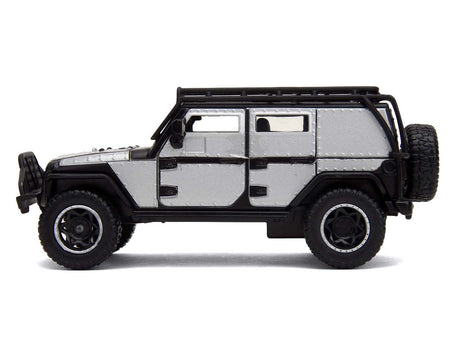Tej's Jeep Wrangler Custom Silver Metallic with Black Top and Roof Rack "Furious 7" (2015) Movie "25 Years of Fast & Furious" Series 1/32 Diecast Model Car by Jada-Jada-ModelCars.com