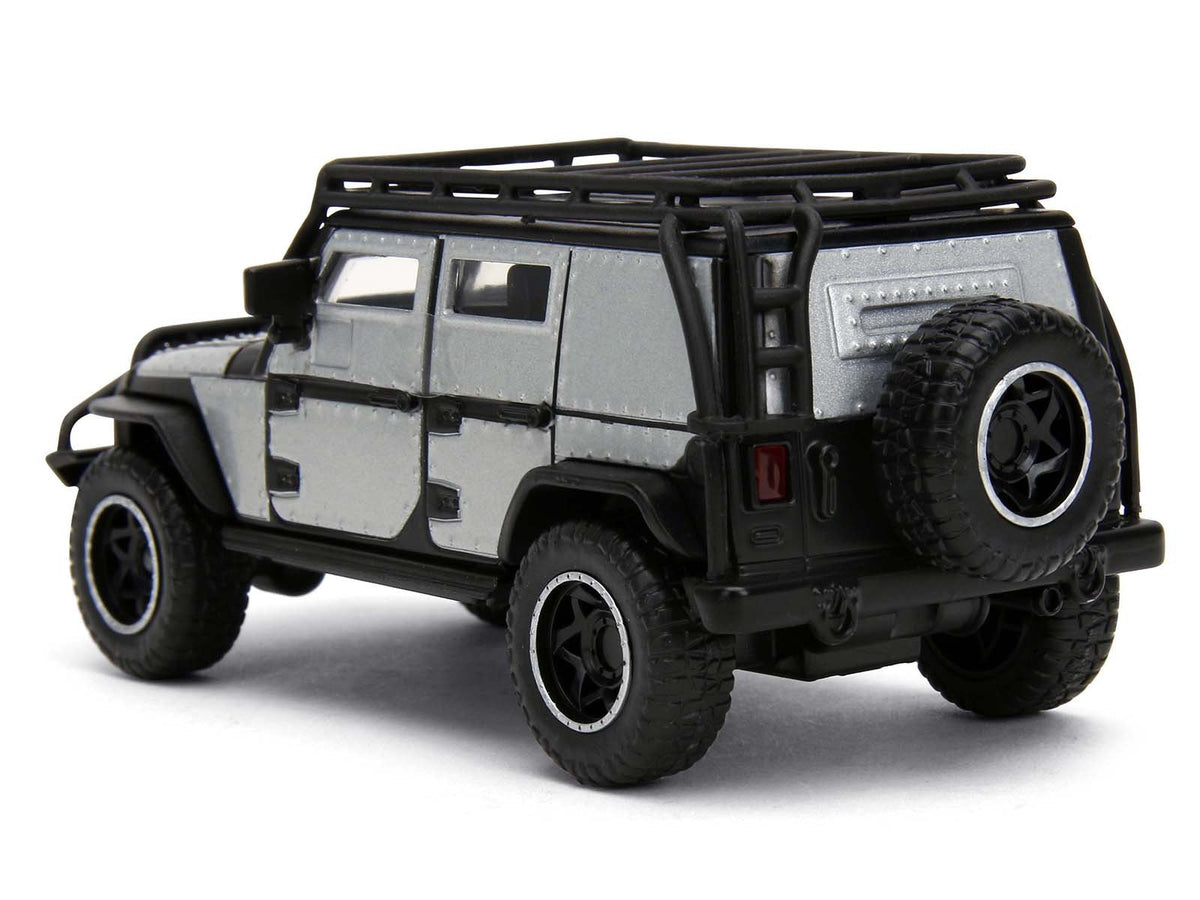 Tej's Jeep Wrangler Custom Silver Metallic with Black Top and Roof Rack "Furious 7" (2015) Movie "25 Years of Fast & Furious" Series 1/32 Diecast Model Car by Jada-Jada-ModelCars.com