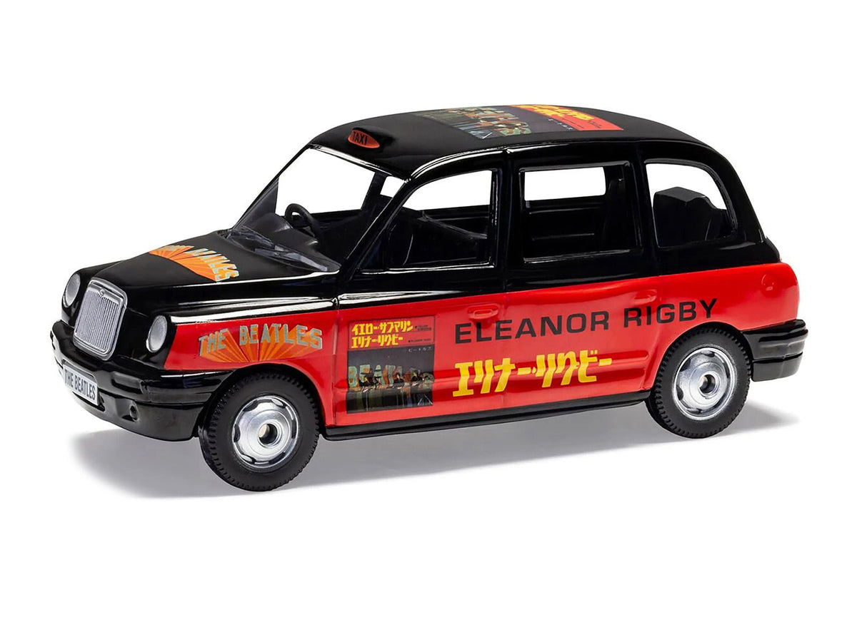 The Beatles London Taxi RHD (Right Hand Drive) "Eleanor Rigby - Yellow Submarine" Black and Red with Graphics Diecast Model by Corgi-Corgi-ModelCars.com