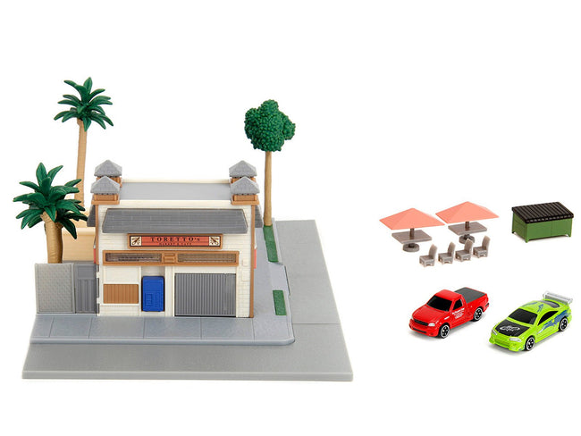 Toretto Cafe Diorama with Mitsubishi Eclipse Green and Ford F-150 SVT Lightning Red "Fast and Furious" "Nano Scene" Series Model by Jada-Other-ModelCars.com
