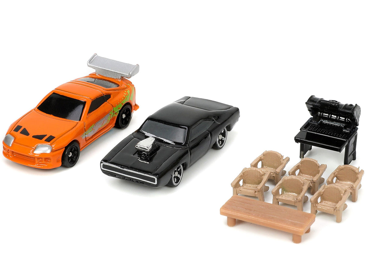 Toretto House Diorama with Dodge Charger Black and Toyota Supra Orange with Graphics "Fast and Furious" "Nano Scene" Series Models by Jada-Jada-ModelCars.com