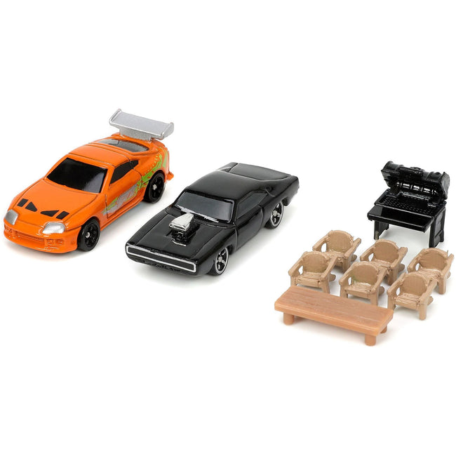 Toretto House Diorama with Dodge Charger Black and Toyota Supra Orange with Graphics "Fast and Furious" "Nano Scene" Series Models by Jada-Jada-ModelCars.com