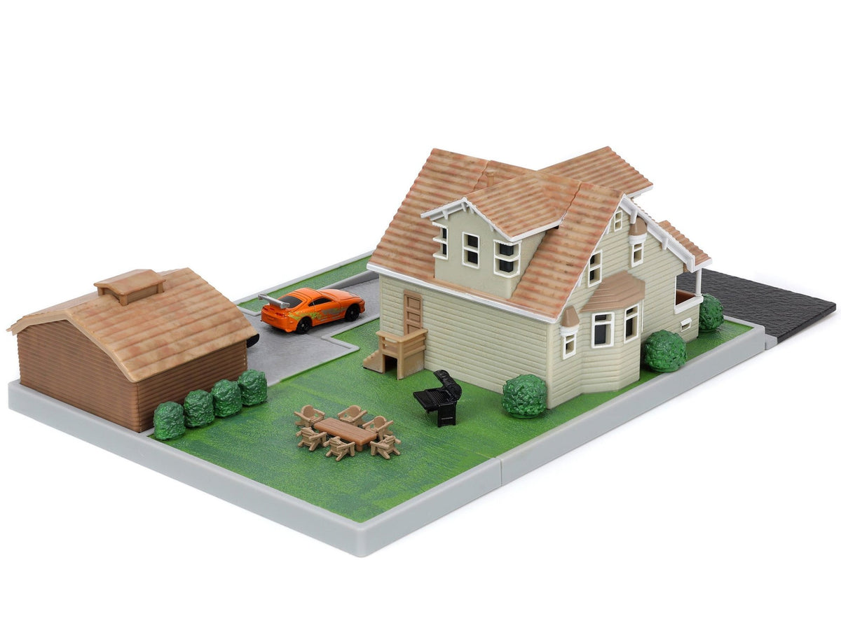 Toretto House Diorama with Dodge Charger Black and Toyota Supra Orange with Graphics "Fast and Furious" "Nano Scene" Series Models by Jada-Jada-ModelCars.com
