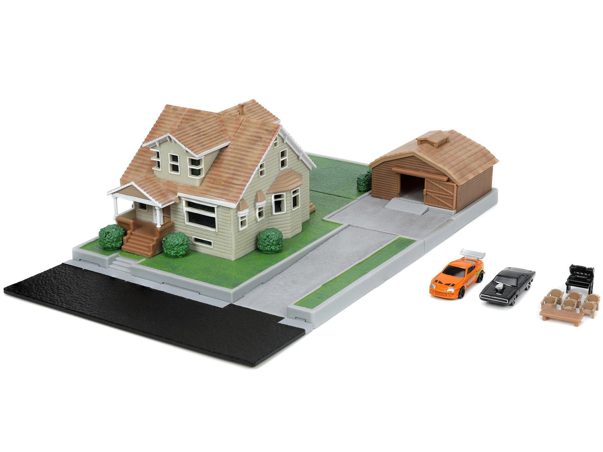 Toretto House Diorama with Dodge Charger Black and Toyota Supra Orange with Graphics "Fast and Furious" "Nano Scene" Series Models by Jada-Jada-ModelCars.com