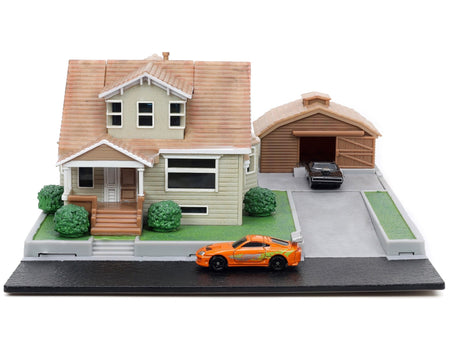 Toretto House Diorama with Dodge Charger Black and Toyota Supra Orange with Graphics "Fast and Furious" "Nano Scene" Series Models by Jada-Jada-ModelCars.com