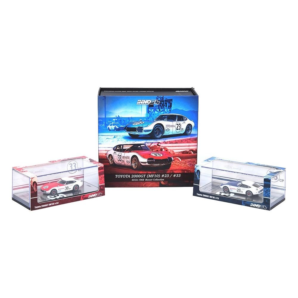 Toyota 2000GT (MF10) 23 Dave Jordan and Toyota 2000GT (MF10) 33 Scooter Patrick RHD (Right Hand Drive) "SCCA (Sports Car Club of America)" (1968) 2 piece Box Set Collection 1/64 Diecast Model Car by Inno Models - Inno Models - ModelCars.com