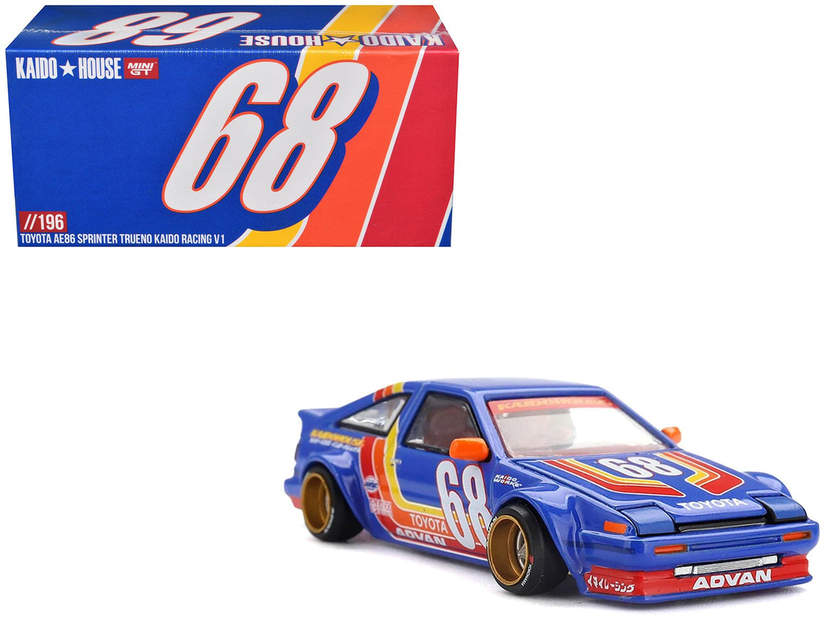 Toyota AE86 Sprinter Trueno "Kaido Racing V1" RHD (Right Hand Drive) #68 Blue with Stripes (Designed by Jun Imai) "Kaido House" Special 1/64 Diecast Model Car by Mini GT-Mini GT-ModelCars.com