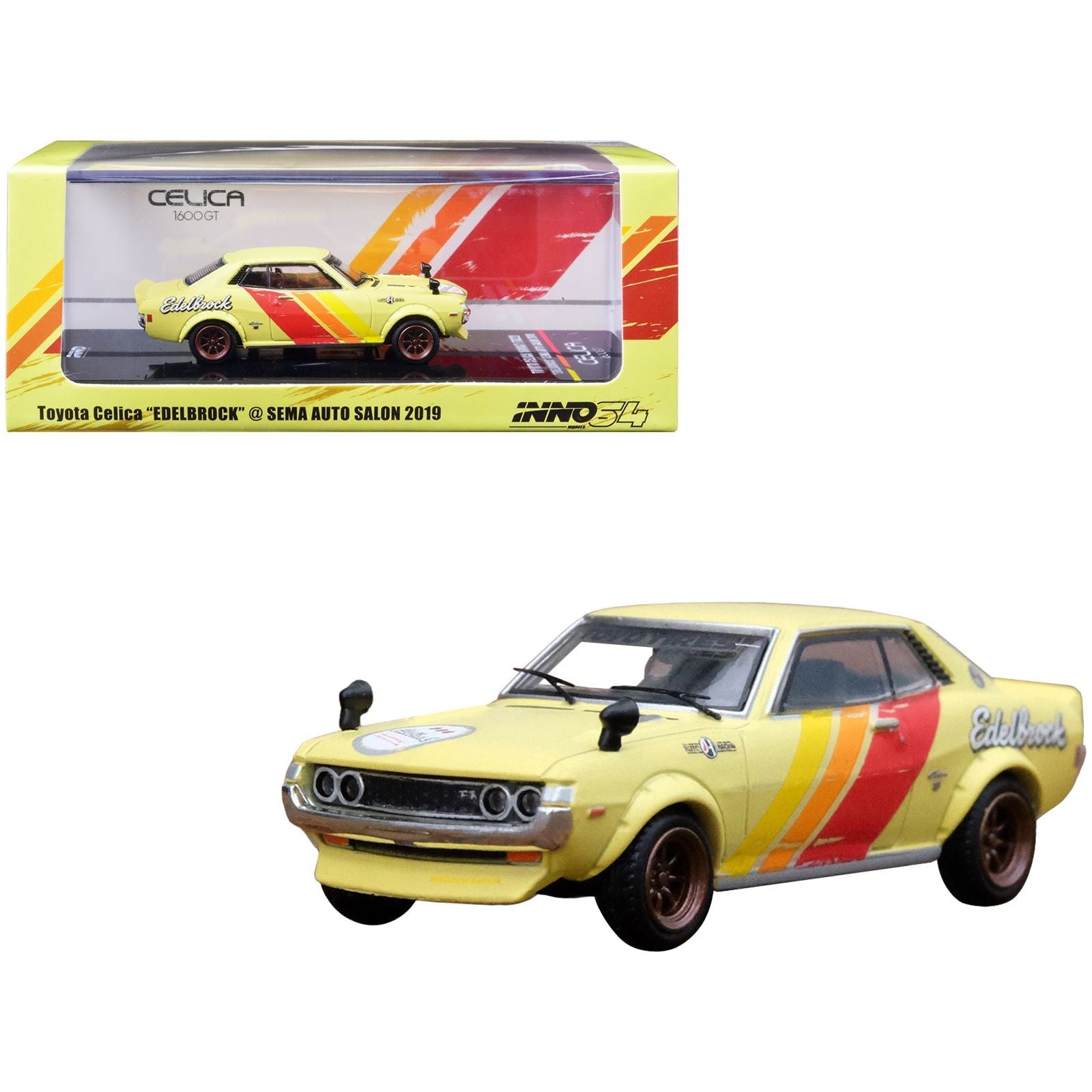 Toyota Celica 1600GT (TA22) Yellow with Stripes (Weathered) "Edelbrock" SEMA Auto Salon (2019) 1/64 Diecast Model Car by Inno Models - Inno Models - ModelCars.com