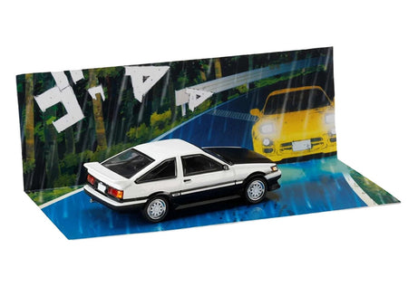 Toyota Corolla Levin (AE86) RHD (Right Hand Drive) White with Carbon Hood "Initial D" (1995-2013) Manga "Diorama Set Series" 1/64 Diecast Model Car by Hobby Japan-Hobby Japan-ModelCars.com