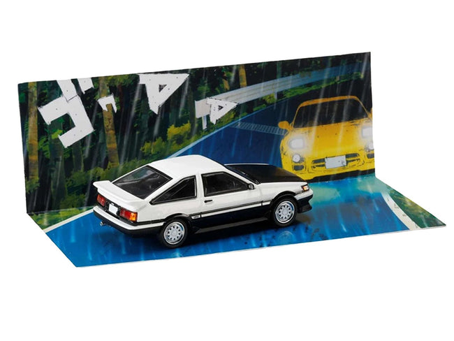 Toyota Corolla Levin (AE86) RHD (Right Hand Drive) White with Carbon Hood "Initial D" (1995-2013) Manga "Diorama Set Series" 1/64 Diecast Model Car by Hobby Japan-Hobby Japan-ModelCars.com