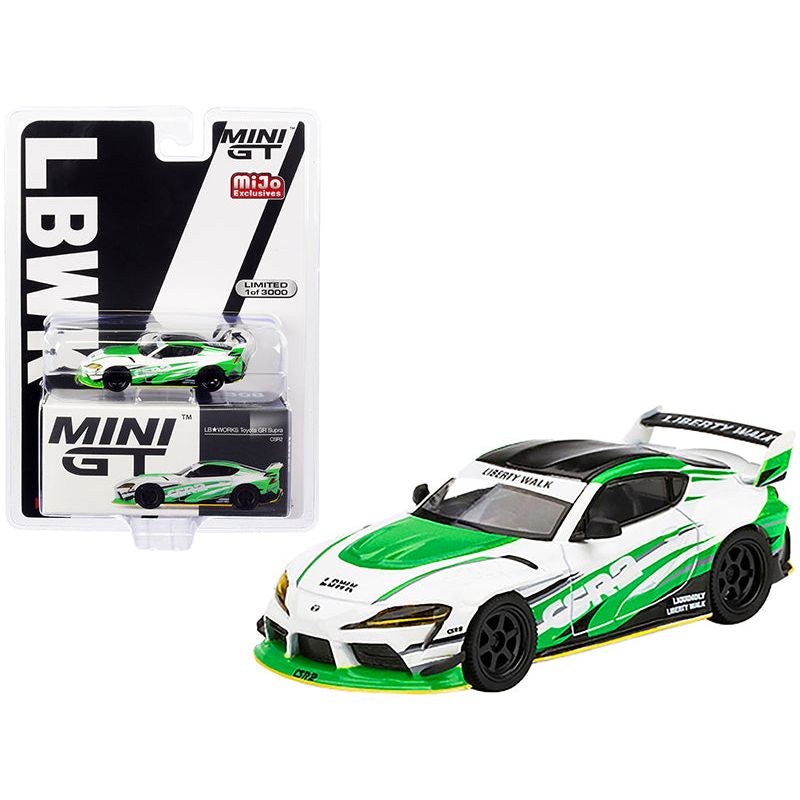 Toyota GR Supra CSR2 LB WORKS RHD (Right Hand Drive) White and Bright Green with Black Top Limited Edition to 3000 pieces Worldwide 1/64 Diecast Model Car by True Scale Miniatures - True Scale Miniatures - ModelCars.com