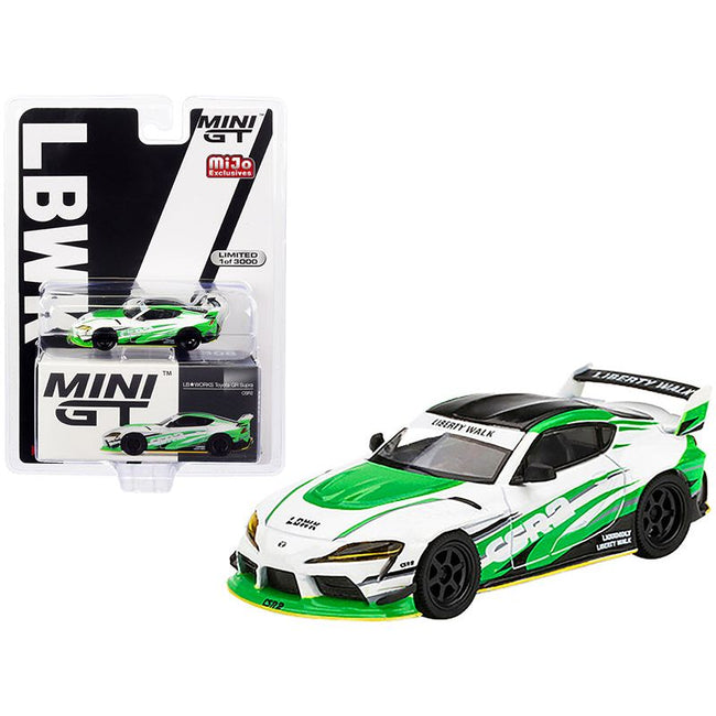 Toyota GR Supra CSR2 LB WORKS RHD (Right Hand Drive) White and Bright Green with Black Top Limited Edition to 3000 pieces Worldwide 1/64 Diecast Model Car by True Scale Miniatures - True Scale Miniatures - ModelCars.com