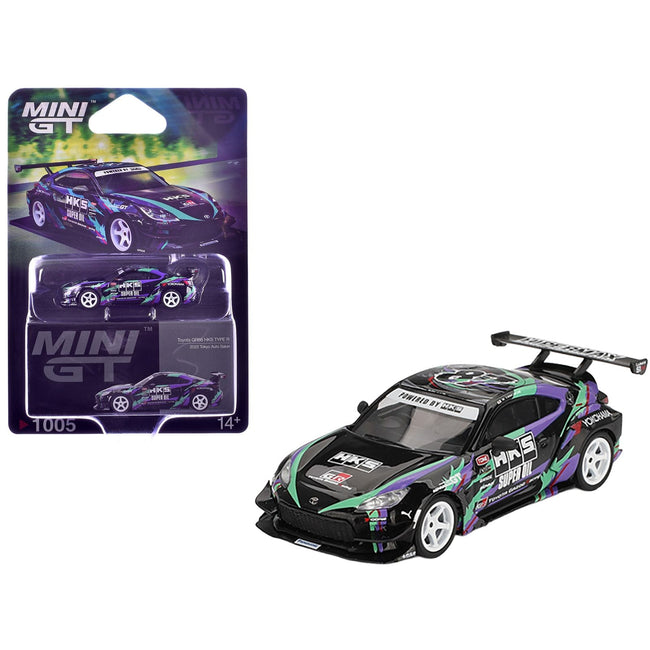 Toyota GR86 "HKS TYPE R" RHD (Right Hand Drive) "HKS Livery" Black with Graphics "2022 Tokyo Auto Salon" Limited Edition 1/64 Diecast Model Car by Mini GT-Mini GT-ModelCars.com