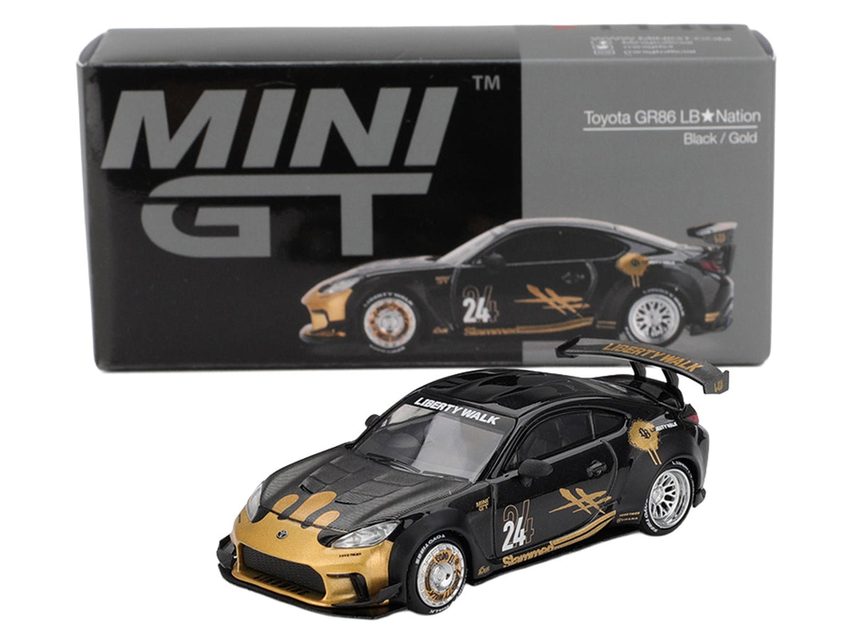 Toyota GR86 "LB-Nation - Liberty Walk" #24 Black with Carbon Hood and Gold Graphics Limited Edition 1/64 Diecast Model Car by Mini GT-Mini GT-ModelCars.com